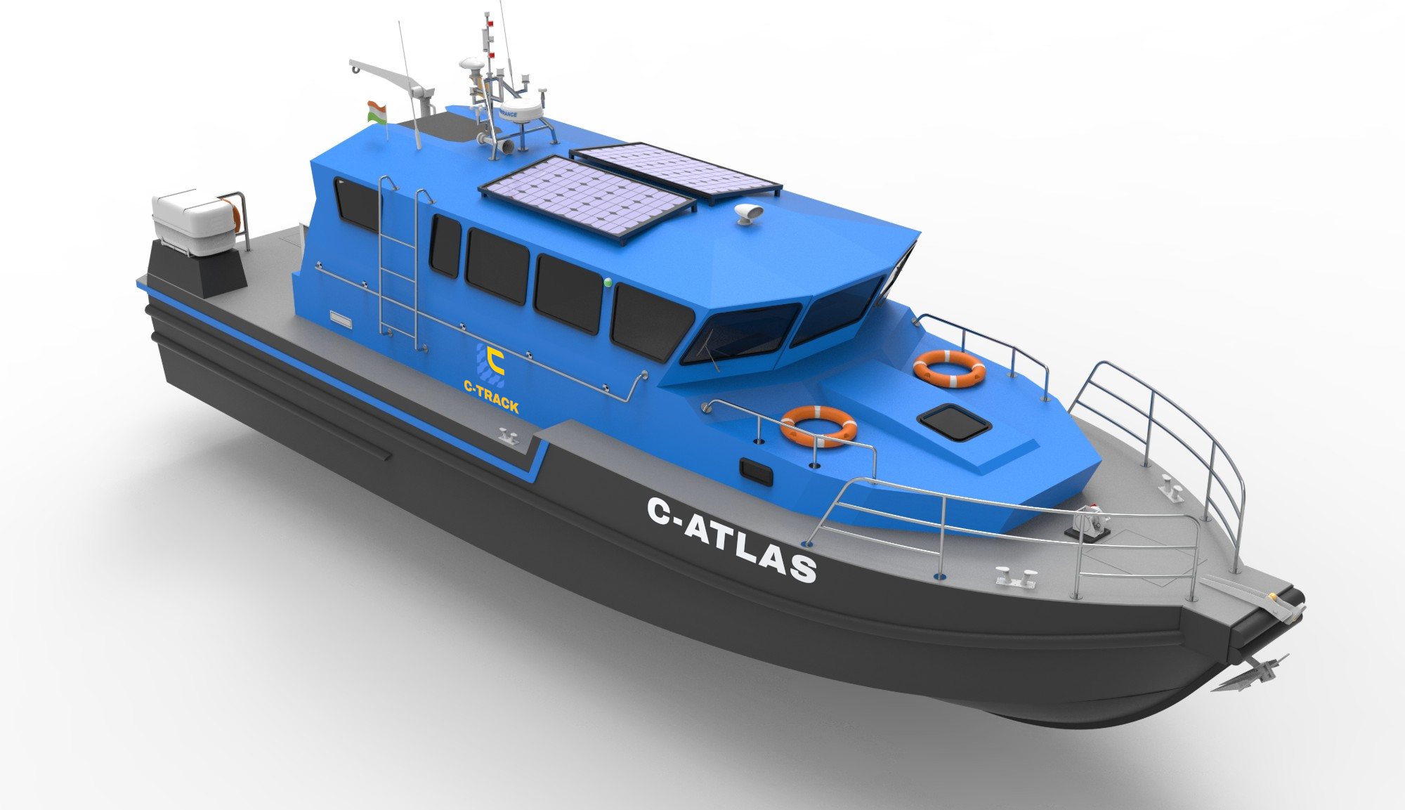 C-ATLAS from above the starboard bow: foredeck rails, lifebuoys, solar panels on the cabin roof and her name on the bow