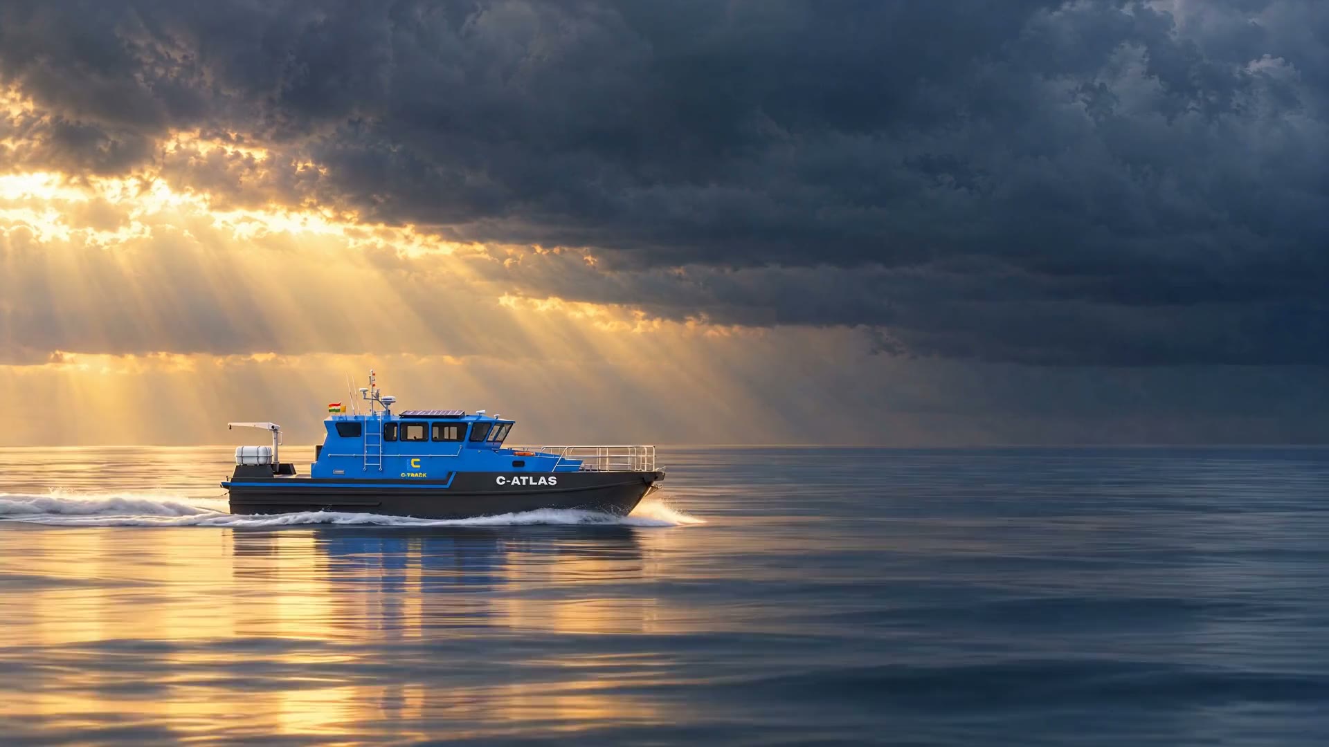 C-ATLAS, the C-TRACK survey boat, cruising through calm sea under a storm sky with sunbeams breaking through