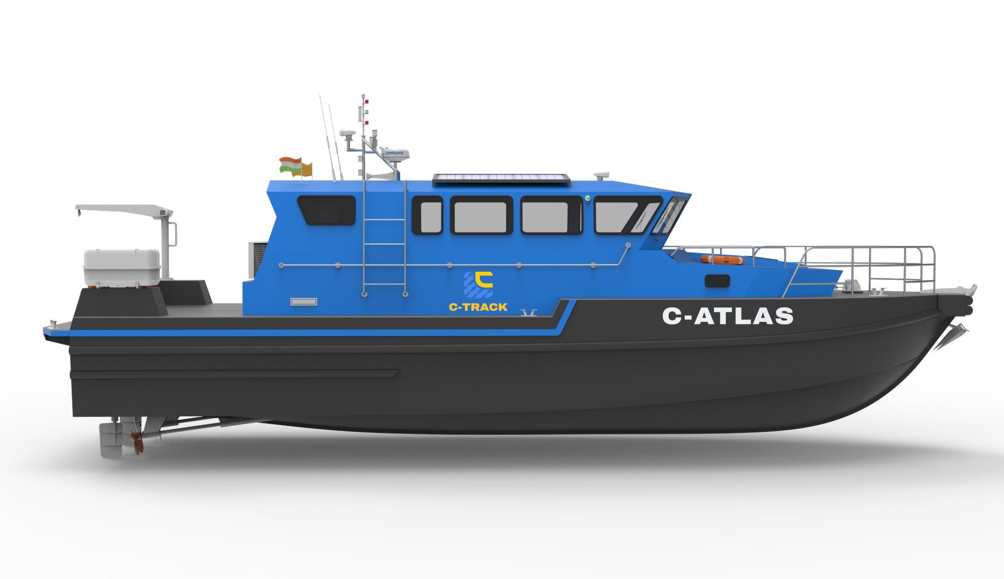 C-ATLAS from starboard: blue cabin with the C-TRACK logo under the grab rail, dark hull with her name on the bow