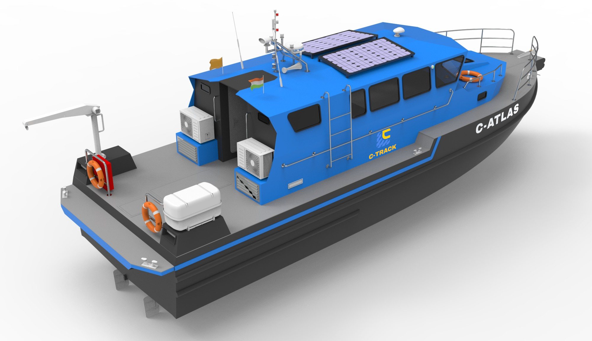 C-ATLAS from the starboard quarter: open aft deck with the deployment davit, liferaft and air conditioning units