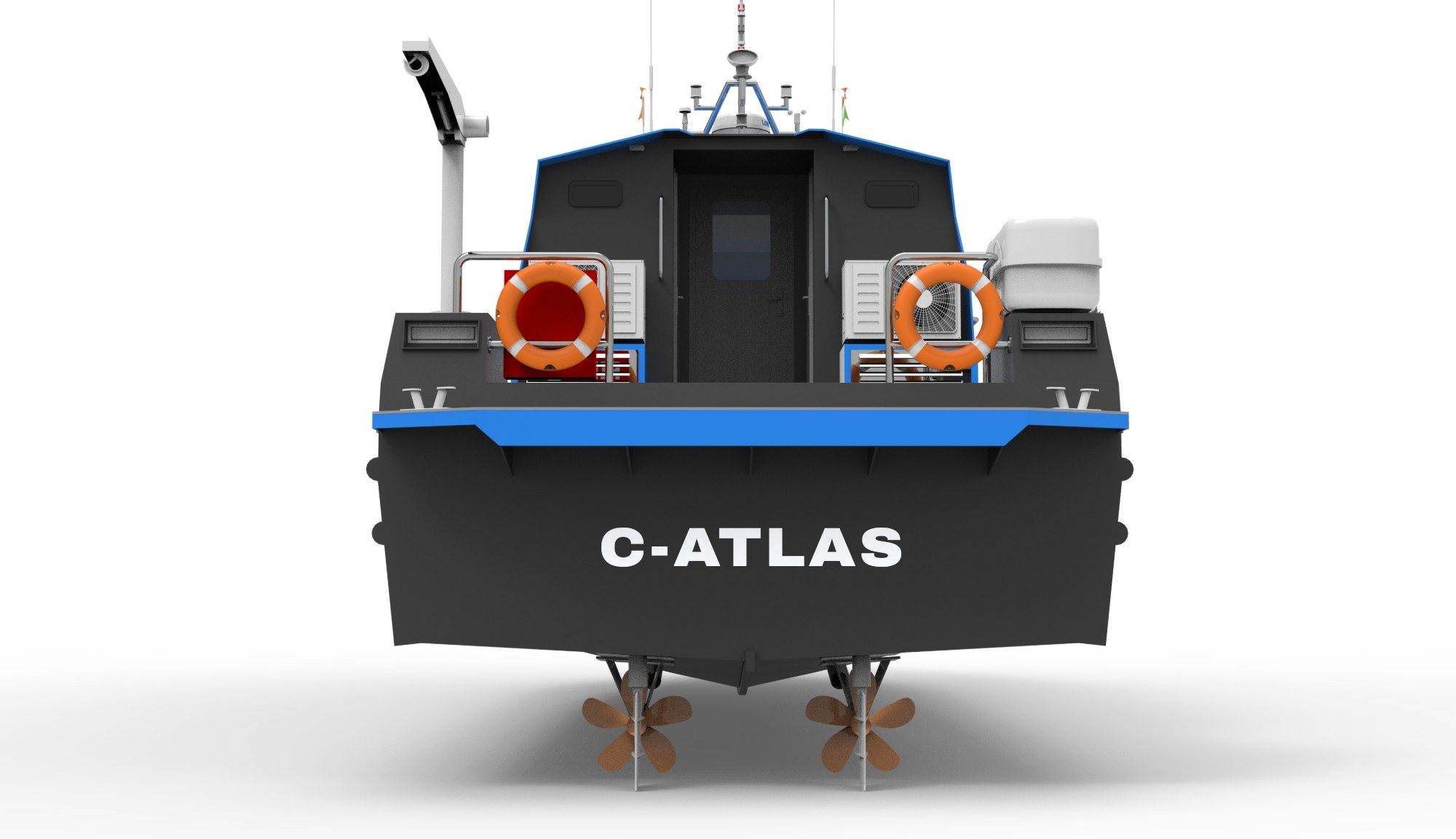 C-ATLAS from astern: her name on the transom, twin propellers below
