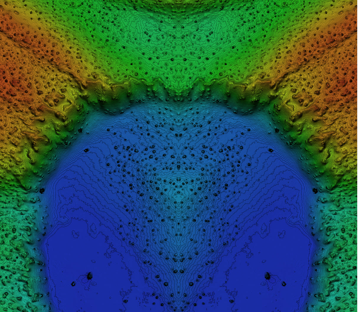 Colour-coded bathymetric surface of a dredged basin
