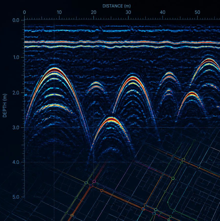 Ground-penetrating radar section showing buried utility reflections by depth and distance