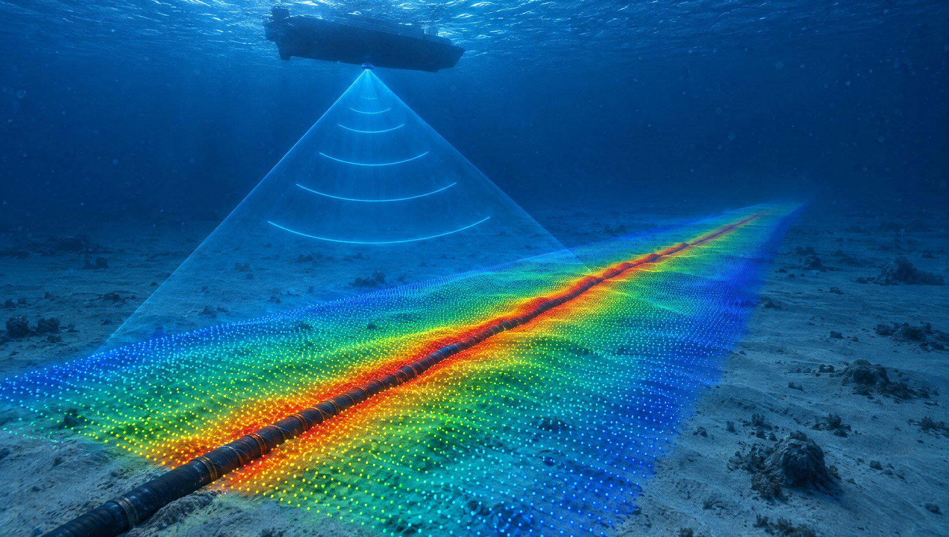 Visualisation of a multibeam sonar swath mapping a subsea power cable, soundings coloured by depth