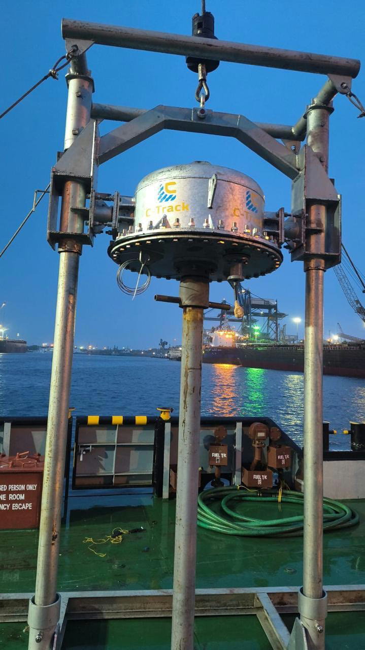 C-TRACK vibrocorer rigged on a survey vessel deck in port